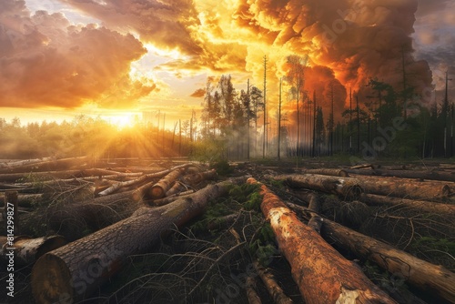 Felling of trees, many stumps from felled pines. climate change concept photo