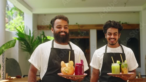 Two bipoc smiling waiters in aprons carry drinks to multiracial women in cafe on Bali. Friendly waiters put beverages on table, talk with female customers in a restaurant. Cafe workers serve clients.