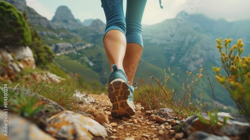 Close-up view of a woman's legs in running shoes, backpack swaying, moving swiftly along a scenic mountain path, captured for advertising