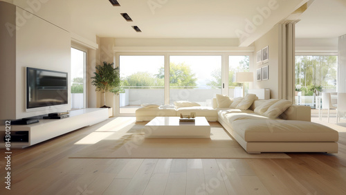 Beige and white living room with a clean  minimalist style  showcasing understated elegance and simplicity 