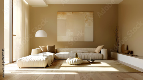 Beige living room with a modern minimalist design  featuring sleek furniture and a single bold art piece for contrast 