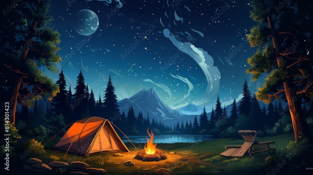 A campsite with a tent, a fire, and a lake