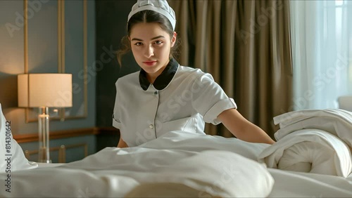 Professional chambermaid in uniform making bed in hotel room. Ai Footage.
