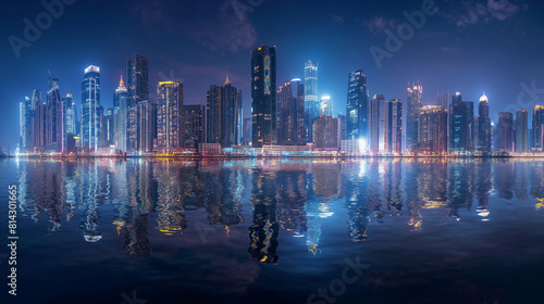   Produce a panoramic image of a city illuminated at night  showcasing the intricate details of skyscrapers  city lights  and reflections on the water