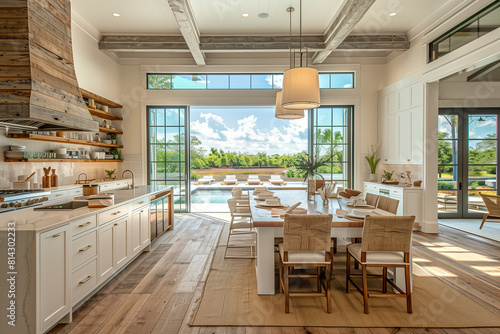 Modern minimalist coastal retreat kitchen with clean lines  natural materials  muted tones  and the warm glow of the afternoon sun highlighting the open floor plan and seamless indoor-outdoor design.