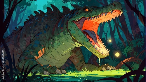 Illustration of a terrifying crocodile-like creature, dark magic and mythical beasts, glowing red markings, cinemtic look