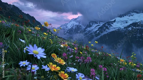 beautiful flower beds on the slopes of mountains that are drenched in light rainwater. seamless looping time-lapse virtual 4K video Animation Background. photo