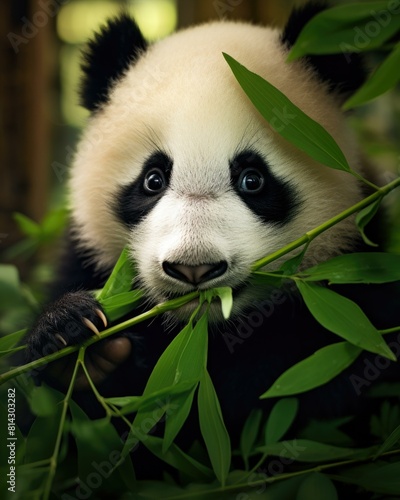 A  panda cub is eating bamboo. AI.