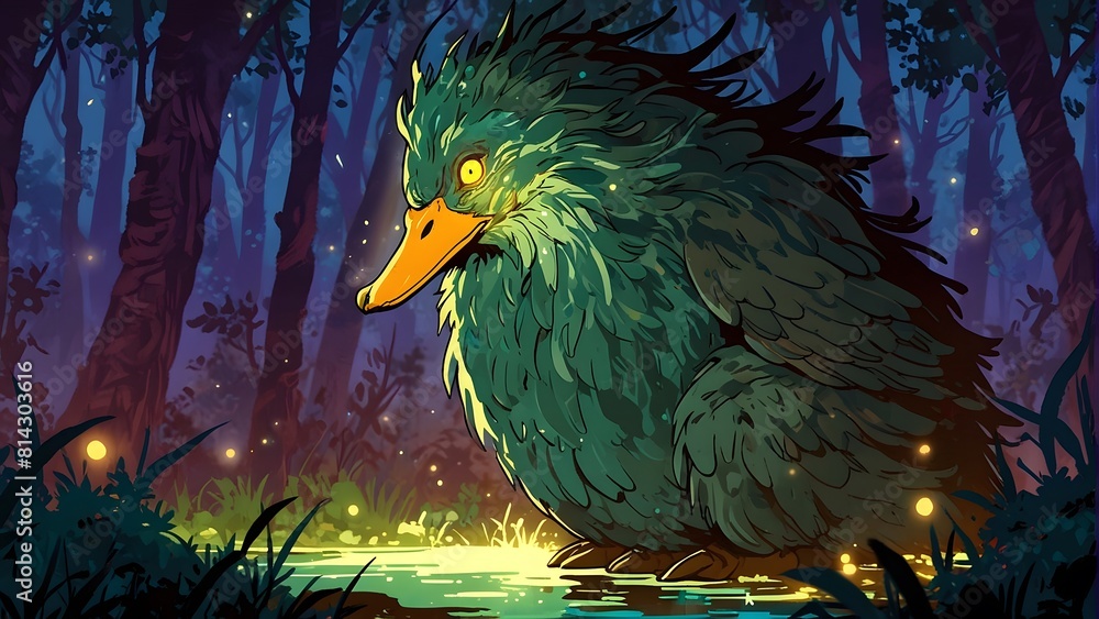 Fototapeta premium Illustration of a terrifying duck-like creature, dark magic and mythical beasts, glowing red markings, cinemtic look