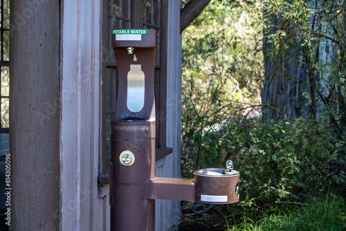 Outdoor, environmentally friendly, water bottle filling station and drinking fountain outside the picnic shelter at Hosmer Grove, Haleakalā National Park, Maui, Hawaii
