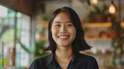 Portrait of a young asian woman smiling in the office. Happy young office colleagues collaborating and smiling in a casual meeting, setting business goals and team building
