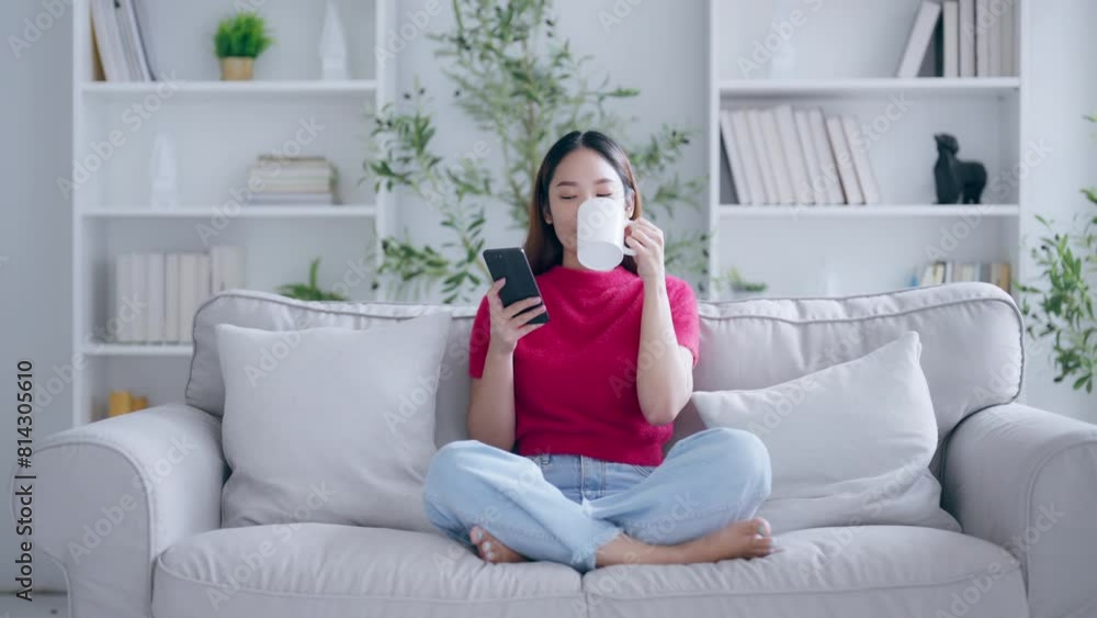 Attractive smiling young Asian woman using mobile phone while sitting on the sofa at home Attractive smiling young Asian woman using mobile phone while sitting on the sofa at home