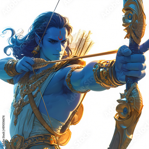 Detailed 3D Rendition of Lord Rama in Warrior Pose with Bow and Arrow, Perfect for Fantasy, Mythology, and Game Concept Art. photo