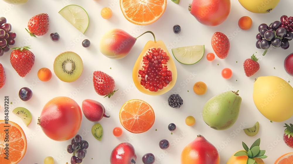 Illustrate a collection of mixed fruits against a plain white backdrop. Consider the shapes and sizes of each fruit to create an interesting visual contrast. Illustrate a collection of mixed fruits against a plain white backdrop. Consider the shapes and sizes of each fruit to create an interesting visual contrast.