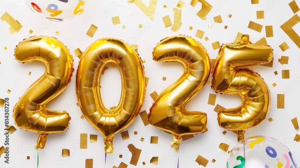 New Year 2025 gold foil balloons. Number 2025 from foil. Gold confetti and celebration. New Year 2025 gold foil balloons. Number 2025 from foil. Gold confetti and celebration.