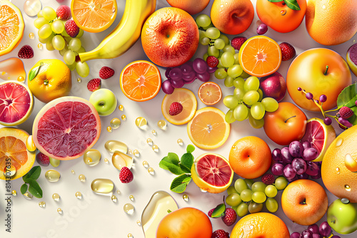 3D Realistic Mixed Fruits on white background. And AI generate mixed fruits arranged in a visually appealing way on a plain white background. Consider the placement of each fruit to create a balanced.