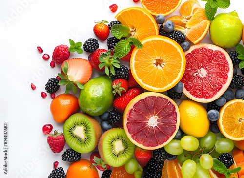3D Realistic Mixed Fruits on white background. And AI generate mixed fruits arranged in a visually appealing way on a plain white background. Consider the placement of each fruit to create a balanced. © Beersing93