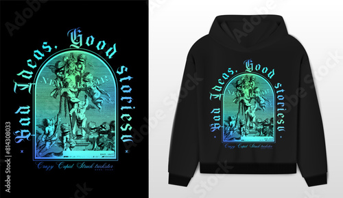 Art design of urban featuring an illustrated angels, victorian illustration. Gothic font texts add an authentic urban, angels and devil, black hoodie. Perfect for clothing patterns seeking