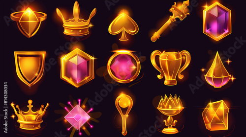 Set of Slot game icon element isolation on dark background  Illustration