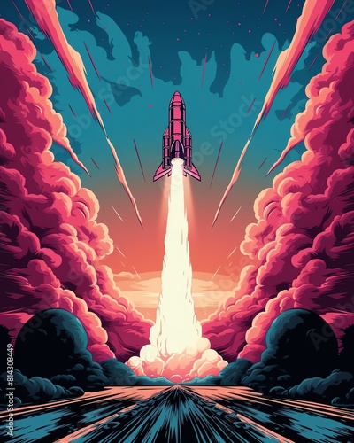 Retro rocket ship blasting into hyperdrive, pink and black psychedelic background, reminiscent of classic scifi photo