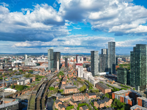 High Angle View of Greater Manchester City Centre Buildings During Beautiful Sunny day over England UK. May 5th, 2024 photo