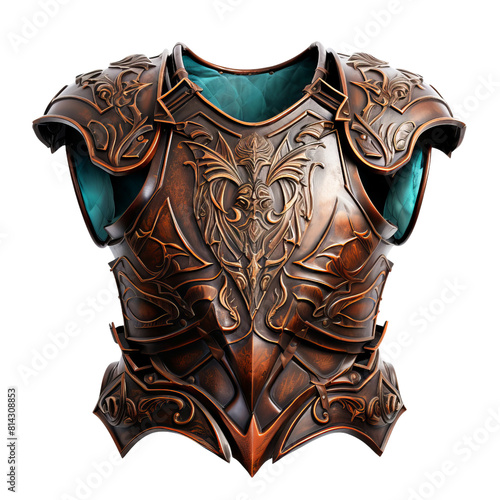 3D of a highly detailed copper-colored breastplate with ornate flourishes.