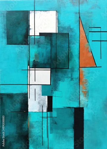 Teal painting with geometric shapes, mixed media on canvas. Contemporary painting on canvas. Modern poster for wall decoration