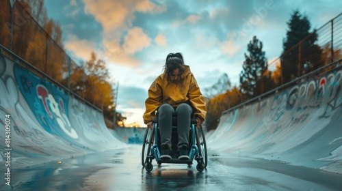 Portrait of Disabled millennial woman in wheelchair rolls down the hills in skate park photo