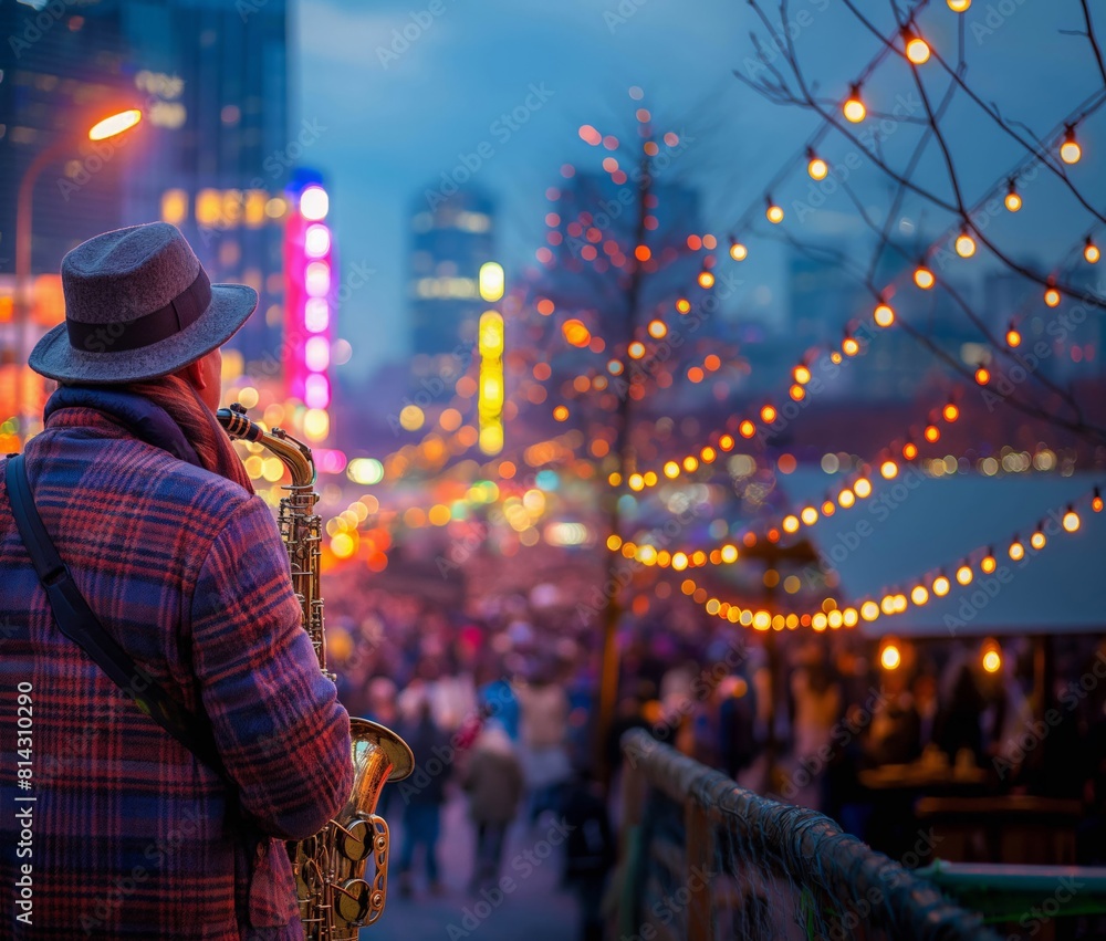 Musician with saxophone performing outdoors with festive city lights and crowd in the background