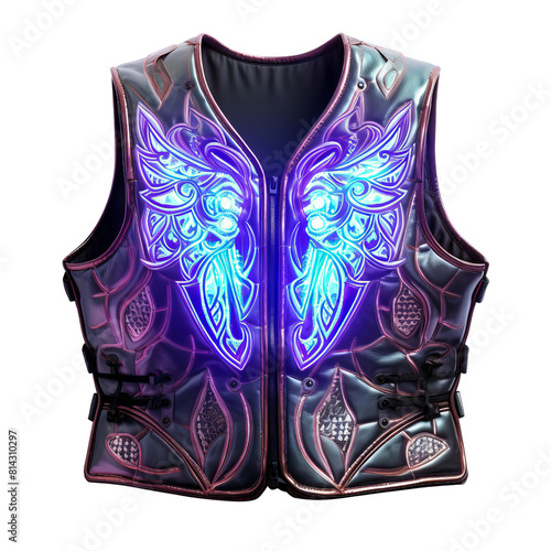 Glowing blue butterfly wings on a black leather vest photo