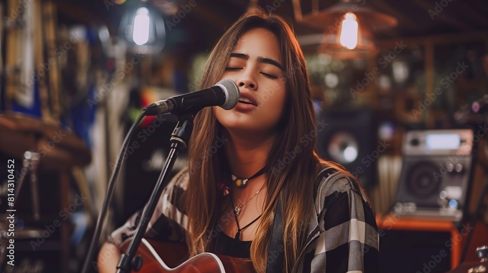 A young Hispanic woman singing passionately into a microphone, with a guitar and music equipment in the background