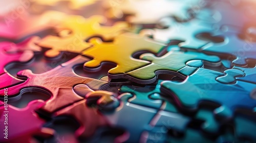 Colorful jigsaw puzzle pieces, business idea, teamwork and success concept, Close up illustration . photo