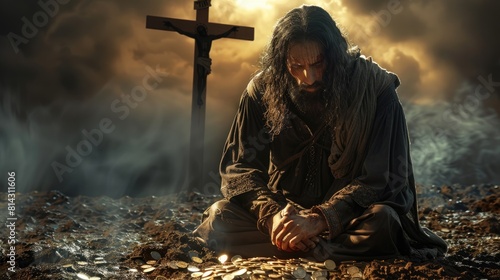 Betrayal and redemption: the scene of the thirty pieces of silver of Judas, where the consequences of his deeds are clearly shown next to Jesus Christ crucified on the cross, symbolising the tragedy.