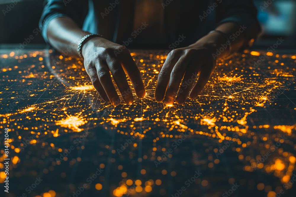 A person's hands are on a map of the United States A person's hands are on a map of the United States