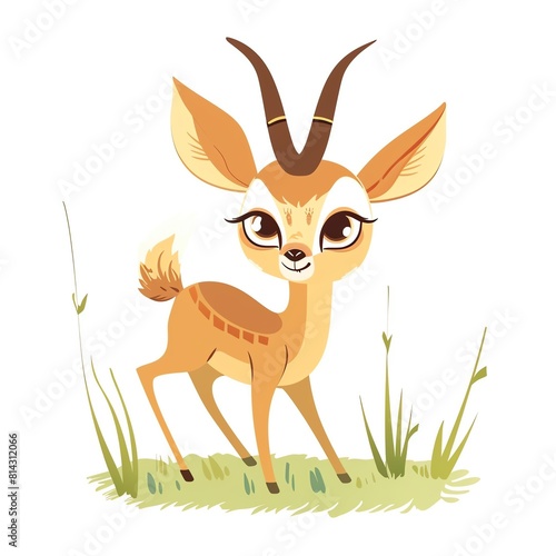 A cute cartoon gerenuk standing on the grass. The gerenuk is looking at the viewer with a friendly expression.