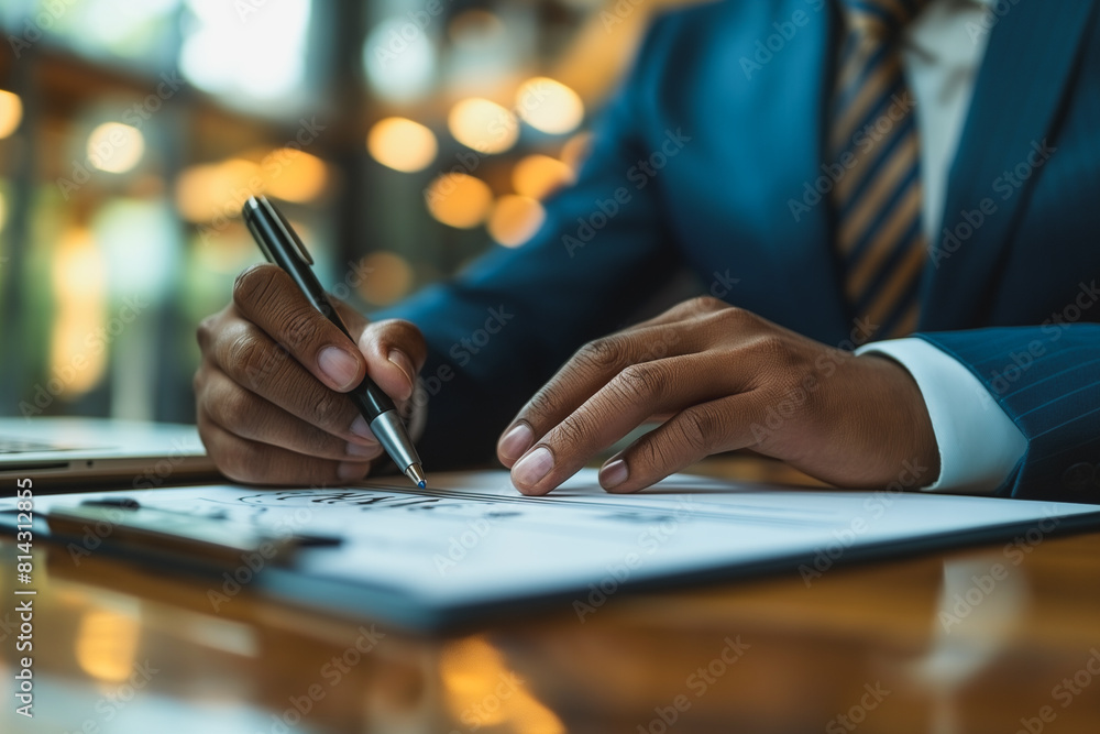 A man in a suit is writing with a pen on a piece of paper A man in a suit is writing with a pen on a piece of paper