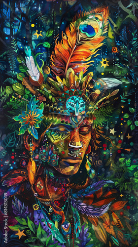 Mystical essence of a forest shaman adorned with symbolic feathers and tribal jewelry  set against a backdrop rich in floral and celestial elements.