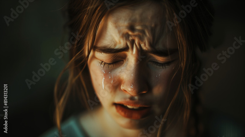 Close-up of a young beautiful girl in despair and crying. She's hurt and lonely. The concept of depression