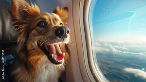 The concept of flying on an airplane with pets. A happy smiling dog sits in the passenger seat at the window of the plane © chekart