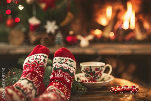 christmas fireplace background with a feet with socks and a teacup