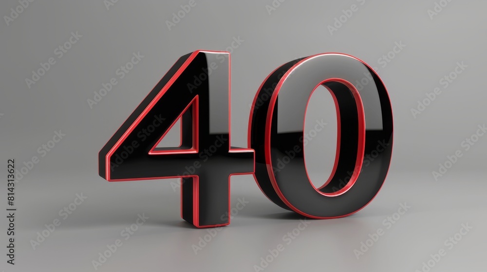 A realistic glossy black and red number 40 in a 3D style imitation, boldly displayed on a gray background A realistic glossy black and red number 40 in a 3D style imitation, boldly displayed on a gray background