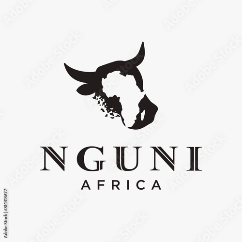 Nguni head logo icon vector template on white background with african map mark