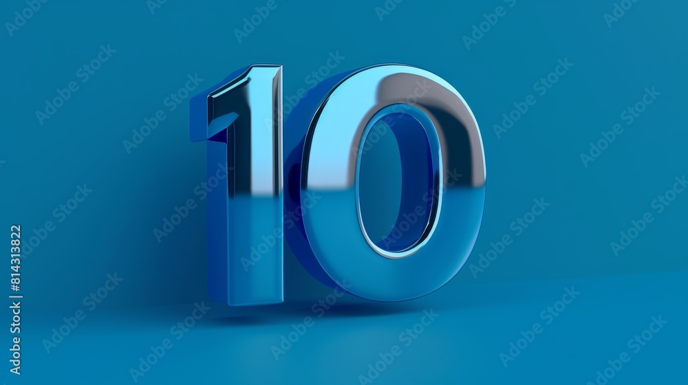 A realistic glossy number 10 in 3D style imitation, displayed prominently on a blue background A realistic glossy number 10 in 3D style imitation, displayed prominently on a blue background