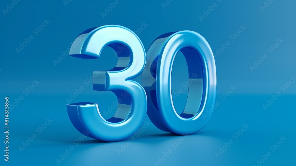 A realistic glossy number 30 in 3D style imitation placed on a blue background A realistic glossy number 30 in 3D style imitation placed on a blue background