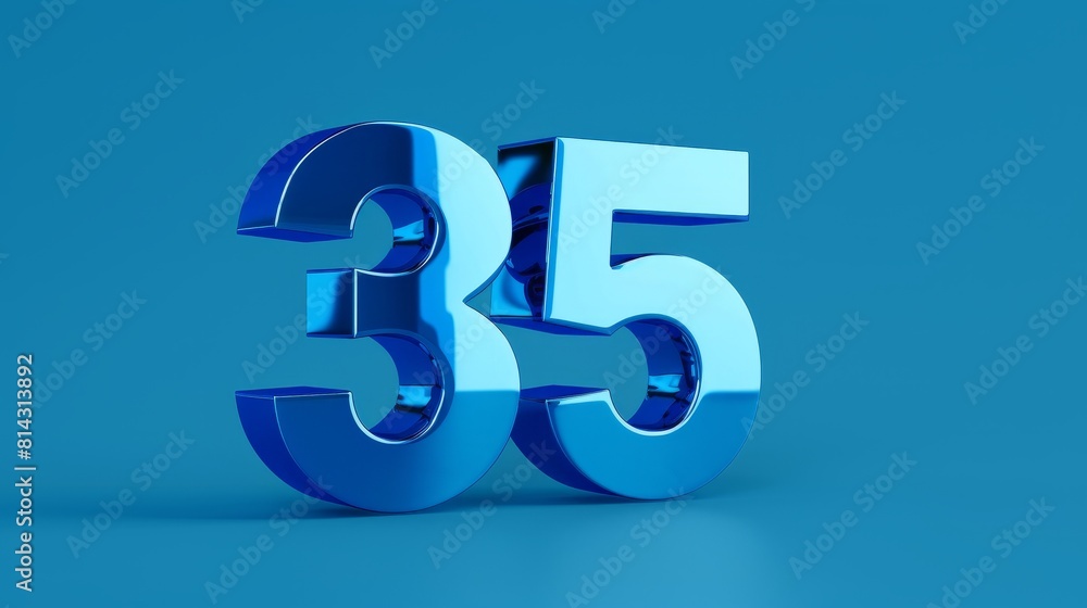 A realistic glossy blue number 35 in a 3D style imitation, set against a blue background A realistic glossy blue number 35 in a 3D style imitation, set against a blue background