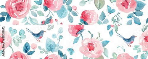 Seamless vintage watercolor with peonies and birds.