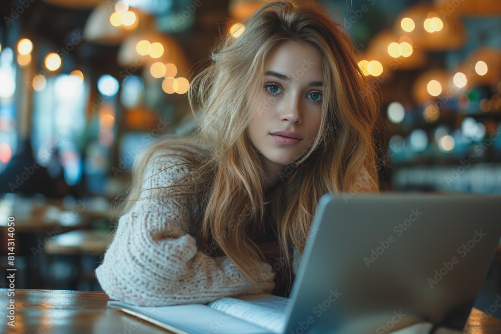 She is focused on her work or browsing the internet She is focused on her work or browsing the internet