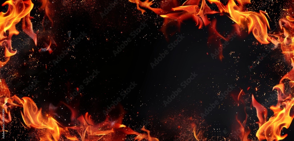 Fire flames on black background. Fire border design with burning embers ...