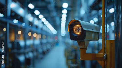 Close-up of a security surveillance camera monitoring a long, industrial warehouse aisle at night.
