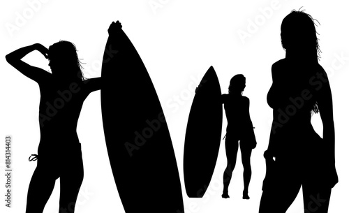 surfistas, contraluz, vector, tabla, surf, mar, atardecer, mujer surfista, silueta, tablista, ilustracion, arte surf, rosa, surfista en la playa, chica surf, mujer © fergomez